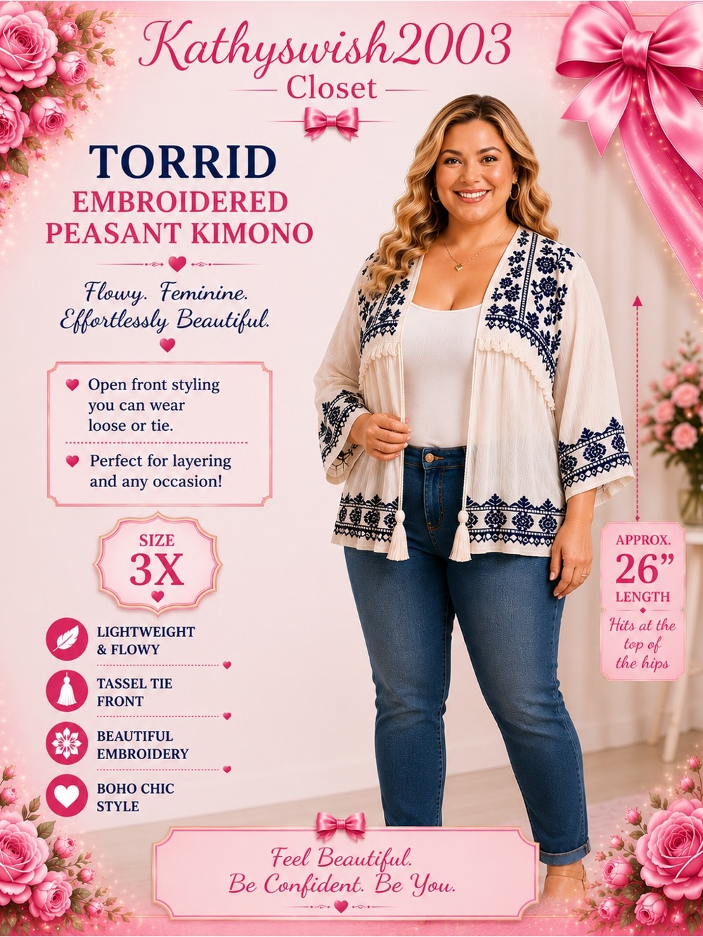torrid White Peasant Kimono with Navy Embroidery